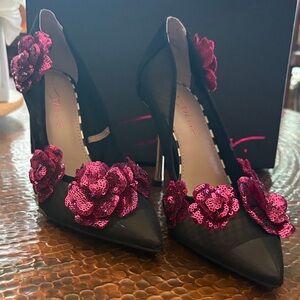 Betsey Johnson Black Heels with Pink Sequin Flowers